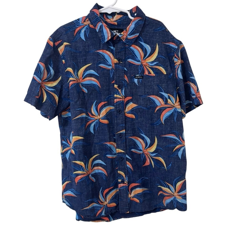 O’Neill kids boys Navy Floral Short Sleeve Button-Up Shirt size L standard fit